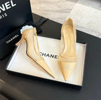 CHANEL MESH LOGO HEELS IN BEIGE LAMBSKIN