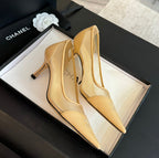 CHANEL MESH LOGO HEELS IN BEIGE LAMBSKIN