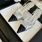 CHANEL SLINGBACK WITH BOW IN SILVER MIX BLACK LAMBSKIN
