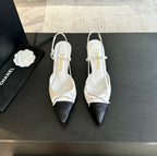 CHANEL SLINGBACK WITH BOW IN WHITE MIX BLACK LAMBSKIN