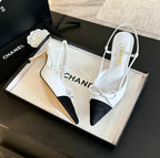 CHANEL SLINGBACK WITH BOW IN WHITE MIX BLACK LAMBSKIN