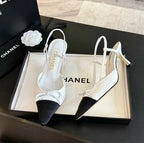 CHANEL SLINGBACK WITH BOW IN WHITE MIX BLACK LAMBSKIN