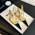 CHANEL SLINGBACK WITH BOW IN GOLDEN MIX BLACK LAMBSKIN