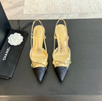 CHANEL SLINGBACK WITH BOW IN GOLDEN MIX BLACK LAMBSKIN