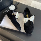 CHANEL BALLET FLAT BLACK SUEDE LAMBSKIN WITH WHITE BOW