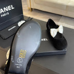 CHANEL BALLET FLAT BLACK SUEDE LAMBSKIN WITH WHITE BOW