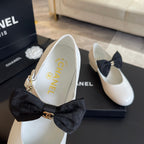 CHANEL BALLET FLAT WHITE LAMBSKIN WITH BLACK BOW