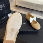 CHANEL BALLET FLAT DARK CREAM LAMBSKIN WITH WHITE BOW