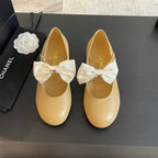 CHANEL BALLET FLAT DARK CREAM LAMBSKIN WITH WHITE BOW