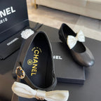 CHANEL BALLET FLAT BLACK LAMBSKIN WITH WHITE BOW