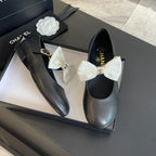 CHANEL BALLET FLAT BLACK LAMBSKIN WITH WHITE BOW