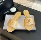 CHANEL SLIPPERS BEIGE CREAM QUILTED LAMBSKIN