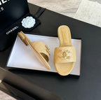 CHANEL SLIPPERS BEIGE CREAM QUILTED LAMBSKIN