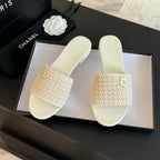 CHANEL WHITE WOVEN FLAT SLIPPERS