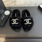 CHANEL SLIPPERS IN BLACK FUR