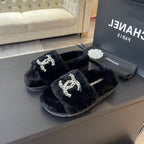 CHANEL SLIPPERS IN BLACK FUR