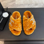 CHANEL SAFETY ORANGE FUR CROSS STRAP SLIPPERS