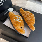 CHANEL SAFETY ORANGE FUR CROSS STRAP SLIPPERS