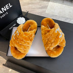 CHANEL SAFETY ORANGE FUR CROSS STRAP SLIPPERS