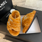 CHANEL SAFETY ORANGE FUR CROSS STRAP SLIPPERS
