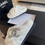 CHANEL WHITE FUR CROSS STRAP SLIPPERS