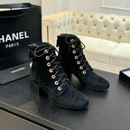 CHANEL LACE-UP SHORT BOOTS IN BLACK SUEDE