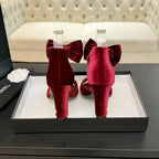 CHANEL HIGH SANDAL OPEN TOE IN MAROON RED VELVET