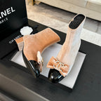 CHANEL SHORT BOOTS IN PEACH PINK VELVET AND BLACK LAMBSKIN