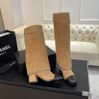 CHANEL HIGH BOOTS 6.5 CM IN CIDER BROWN SUEDE AND BLACK CALFSKIN