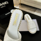 CHANEL HIGH FLATFORM SLIPPER IN WHITE EMBOSSED SHEEPSKIN