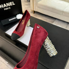 CHANEL HIGH HEEL 85 MM SANDALS IN RUBY RED SUEDE AND BLACK FABRIC