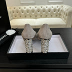 CHANEL HIGH HEEL 85 MM SANDALS IN PALE GRAY SUEDE AND BLACK FABRIC