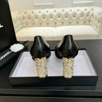 CHANEL HIGH HEEL 85 MM SANDALS IN BLACK CALFSKIN AND MESH