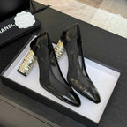 CHANEL HIGH HEEL 85 MM SANDALS IN BLACK CALFSKIN AND MESH
