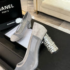 CHANEL HIGH HEEL 85 MM SANDALS IN PALE GRAY SUEDE AND MESH