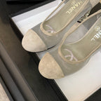 CHANEL HIGH HEEL 85 MM SANDALS IN PALE GRAY SUEDE AND MESH