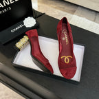 CHANEL HIGH HEEL 85 MM SANDALS IN CHERRY RED SUEDE AND MESH