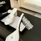 CHANEL T-STRAP PEARL HEEL 85 MM SANDALS IN WHITE LAMBSKIN MULE