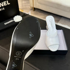 CHANEL T-STRAP PEARL HEEL 85 MM SANDALS IN WHITE LAMBSKIN MULE