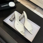 CHANEL T-STRAP PEARL HEEL 85 MM SANDALS IN WHITE LAMBSKIN MULE