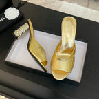 CHANEL T-STRAP PEARL HEEL 85 MM SANDALS IN GOLD LAMBSKIN MULE