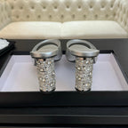 CHANEL T-STRAP PEARL HEEL 85 MM SANDALS IN SILVER LAMBSKIN MULE