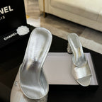 CHANEL T-STRAP PEARL HEEL 85 MM SANDALS IN SILVER LAMBSKIN MULE