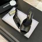 CHANEL T-STRAP PEARL HEEL 85 MM SANDALS IN BLACK LAMBSKIN MULE