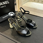 CHANEL T-STRAP PEARL HEEL 85 MM SANDALS IN BLACK LAMBSKIN
