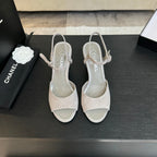 CHANEL T-STRAP PEARL HEEL 85 MM SANDALS IN PASTEL GRAY SUEDE