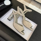 CHANEL T-STRAP PEARL HEEL 85 MM SANDALS IN PASTEL GRAY SUEDE
