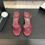 CHANEL T-STRAP PEARL HEEL 85 MM SANDALS IN SANGRIA RED SUEDE