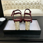 CHANEL T-STRAP PEARL HEEL 85 MM SANDALS IN SANGRIA RED SUEDE
