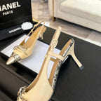 CHANEL HIGH HEEL SLINGBACKS 65 MM IN FLAX YELLOW WITH SNAKESKIN PATTERN LAMBSKIN